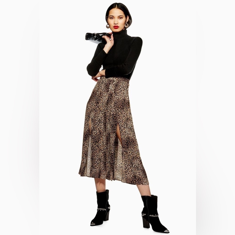 NWT Topshop Leopard Print Midi Skirt with Front Slits | Satin Animal Print Sz 2